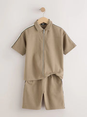 Tan Brown Short Sleeve Zip Through Polo Shirt & Shorts Set (3-16yrs)
