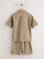 Tan Brown Short Sleeve Zip Through Polo Shirt & Shorts Set (3-16yrs)