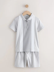 Grey and White Colourblock Short Sleeve Polo Shirt and Shorts Set (3-16yrs)