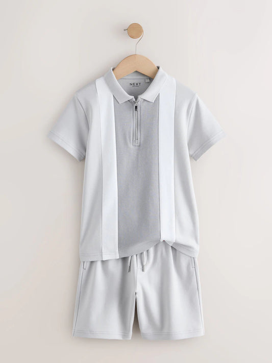 Grey and White Colourblock Short Sleeve Polo Shirt and Shorts Set (3-16yrs)