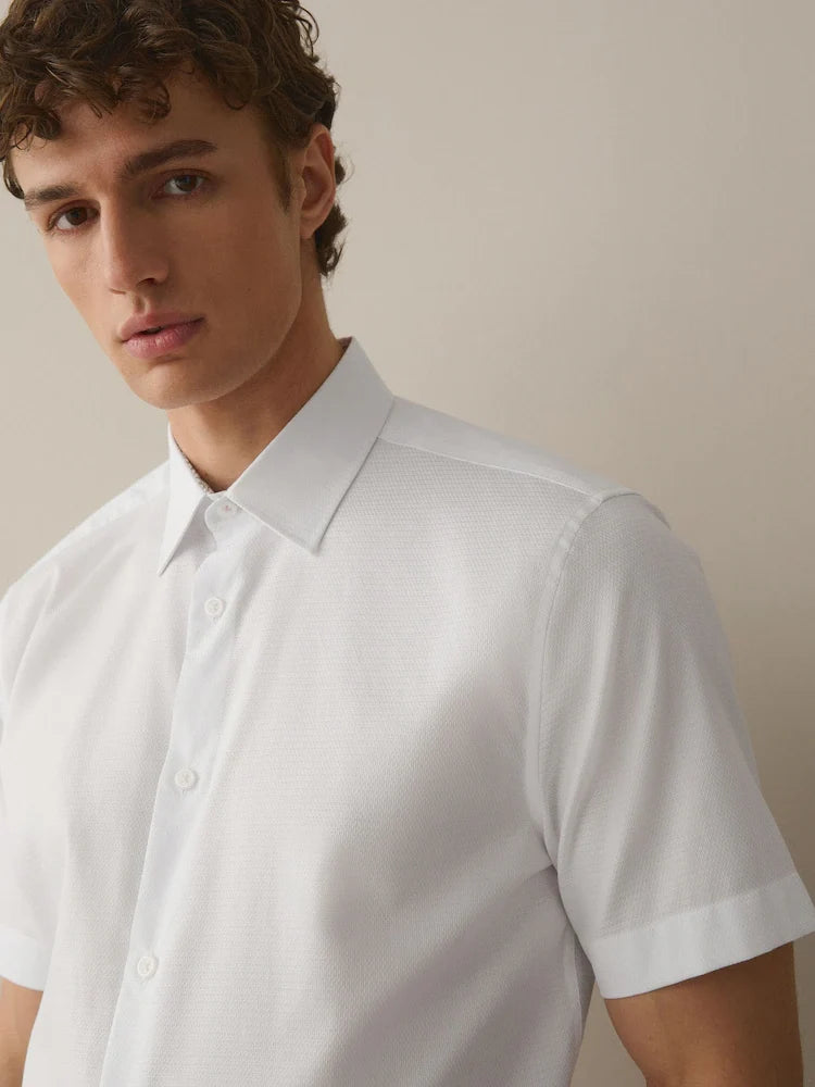 White Regular Fit Short Sleeve 100% Cotton Smart Textured Trimmed Shirt
