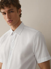 White Regular Fit Short Sleeve 100% Cotton Smart Textured Trimmed Shirt