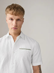 White Slim Fit Cotton Linen Blend Short Sleeve Trimmed Shirt