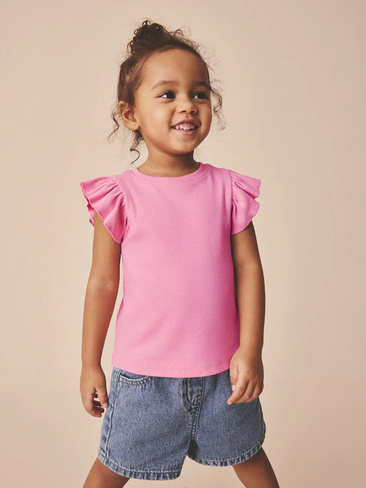 Bright Pink Frill Shoulder Ribbed Vest (3mths-7yrs)