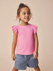 Bright Pink Frill Shoulder Ribbed Vest (3mths-7yrs)
