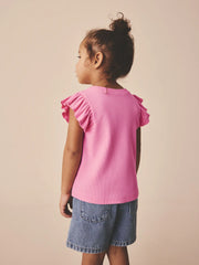 Bright Pink Frill Shoulder Ribbed Vest (3mths-7yrs)