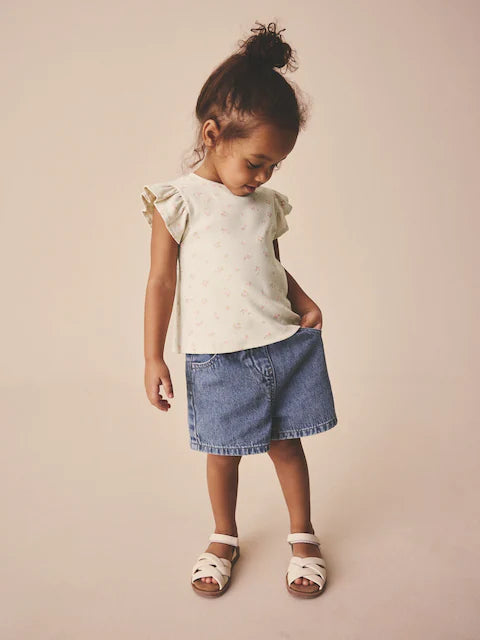 Ecru White Ditsy Floral Frill Shoulder Ribbed Vest (3mths-7yrs)