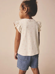 Ecru White Ditsy Floral Frill Shoulder Ribbed Vest (3mths-7yrs)