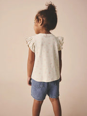 Ecru White Ditsy Floral Frill Shoulder Ribbed Vest (3mths-7yrs)
