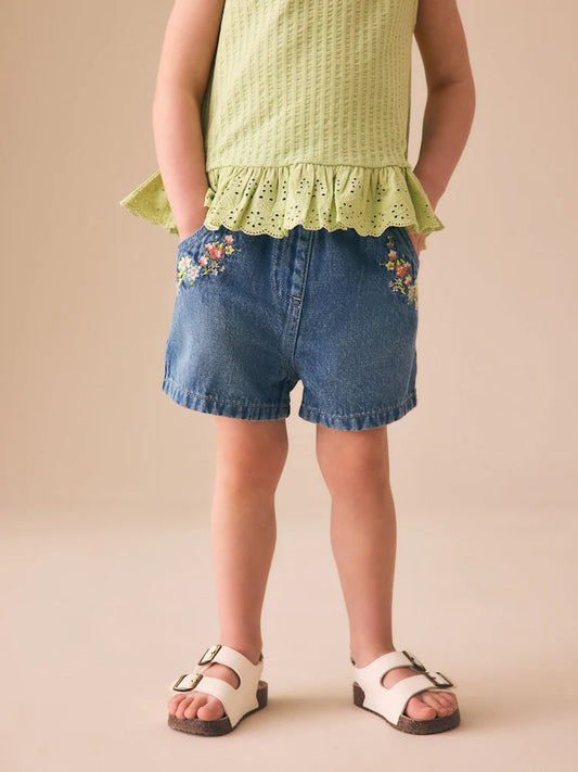 Mid Blue Denim Embroidered Flower Pull On Denim Shorts (3mths-10yrs)