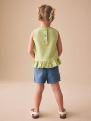 Mid Blue Denim Embroidered Flower Pull On Denim Shorts (3mths-10yrs)