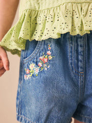 Mid Blue Denim Embroidered Flower Pull On Denim Shorts (3mths-10yrs)