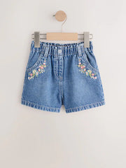 Mid Blue Denim Embroidered Flower Pull On Denim Shorts (3mths-10yrs)