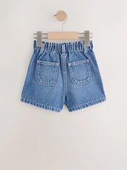 Mid Blue Denim Embroidered Flower Pull On Denim Shorts (3mths-10yrs)