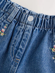 Mid Blue Denim Embroidered Flower Pull On Denim Shorts (3mths-10yrs)