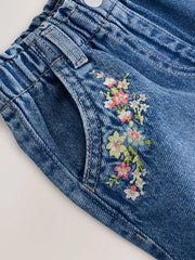 Mid Blue Denim Embroidered Flower Pull On Denim Shorts (3mths-10yrs)