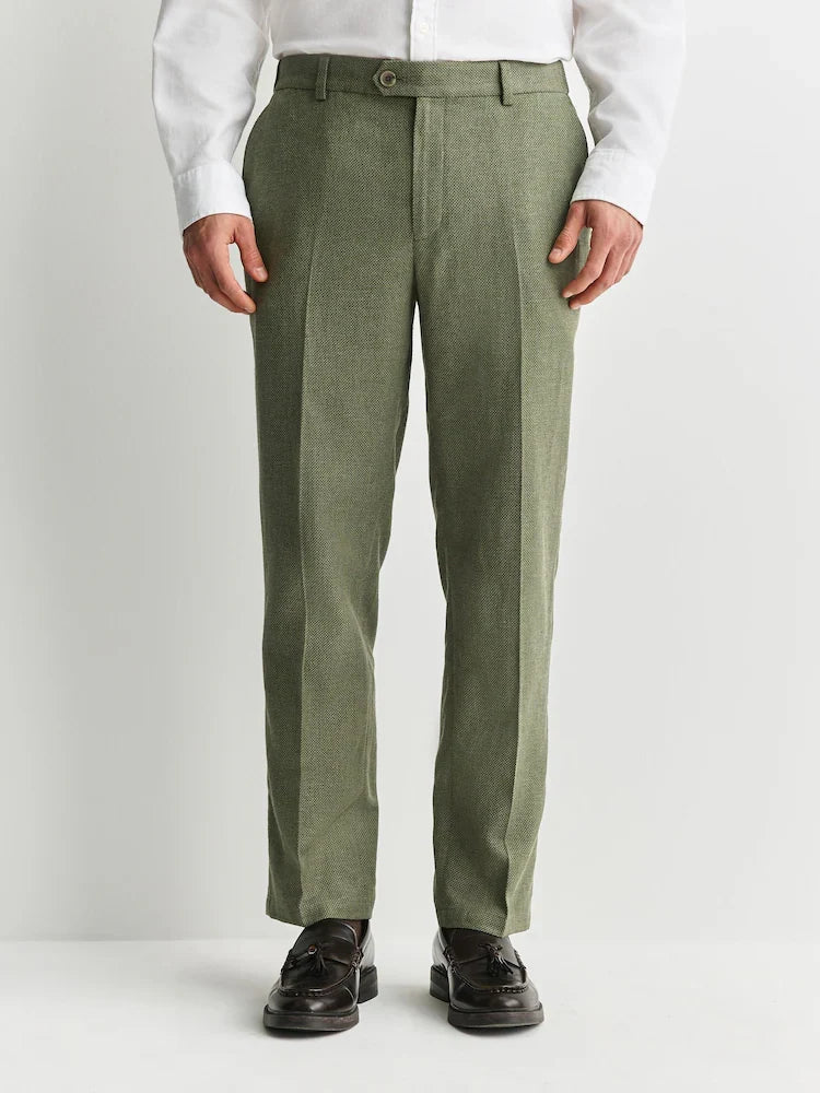 Green Regular Tapered Fit Textured Linen Blend Smart Trousers