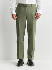 Green Regular Tapered Fit Textured Linen Blend Smart Trousers