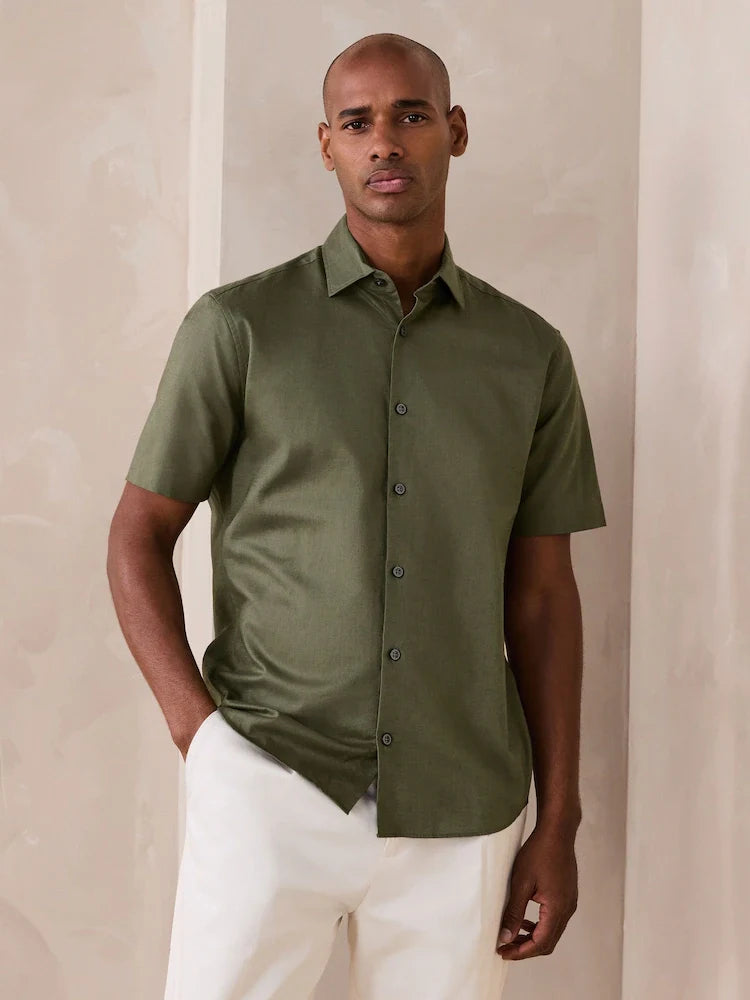 Olive Green Regular Fit N. Premium Cotton Linen Blend Short Sleeve Smart Shirt