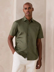 Olive Green Regular Fit N. Premium Cotton Linen Blend Short Sleeve Smart Shirt