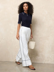 White Linen Rich Wide Leg Trousers With Piping