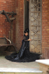 Black Emb Net With 3D Bow Long Frock | Frocks | QS STUDIO