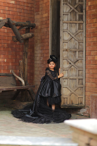 Black Emb Net With 3D Bow Long Frock