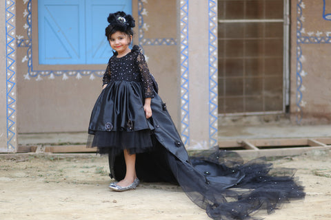 Black Emb Net With 3D Bow Long Frock