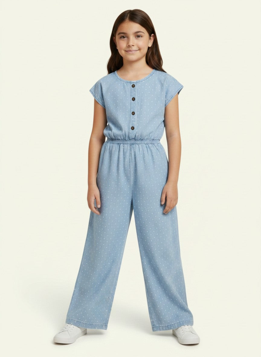 Girls Sky Blue Printed Wide-Leg Jumpsuit