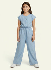 Girls Sky Blue Printed Wide-Leg Jumpsuit