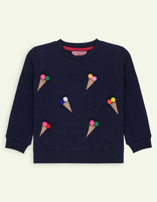 Navy Waffle Printed Sweatshirt with Pom Pom