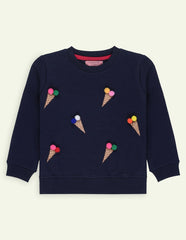 Navy Waffle Printed Sweatshirt with Pom Pom