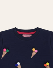 Navy Waffle Printed Sweatshirt with Pom Pom