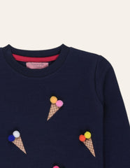Navy Waffle Printed Sweatshirt with Pom Pom