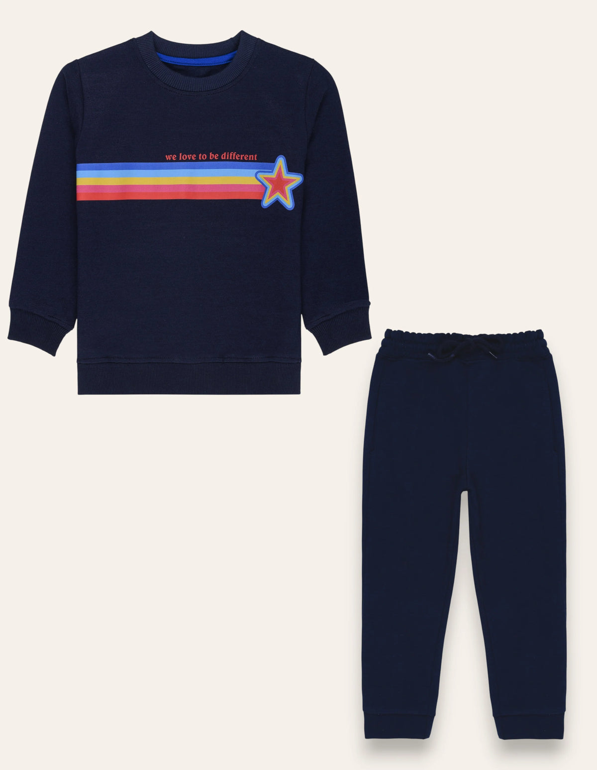 2 Pc Navy Fleece Multi Color Printed Sweatshirt & Trouser Set