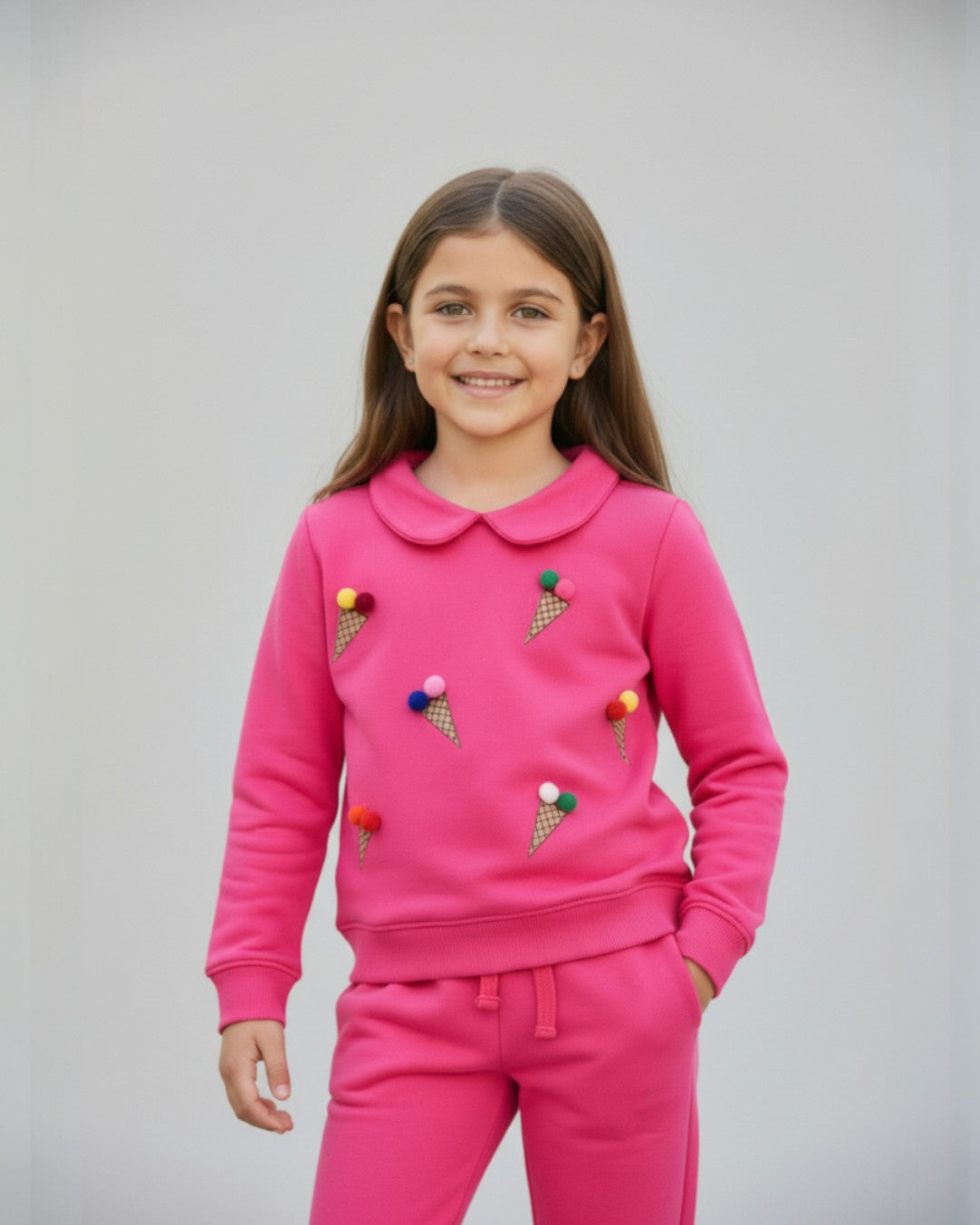 2 Pc Pink Waffle Collared Printed Sweatshirt Set