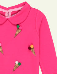 2 Pc Pink Waffle Collared Printed Sweatshirt Set