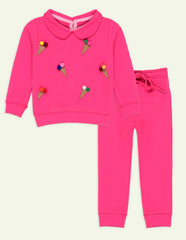 2 Pc Pink Waffle Collared Printed Sweatshirt Set