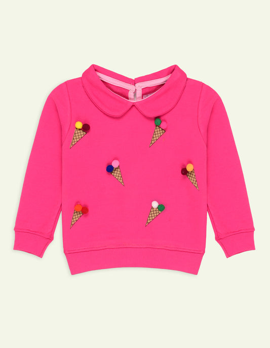 2 Pc Pink Waffle Collared Printed Sweatshirt Set