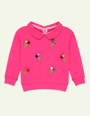 2 Pc Pink Waffle Collared Printed Sweatshirt Set