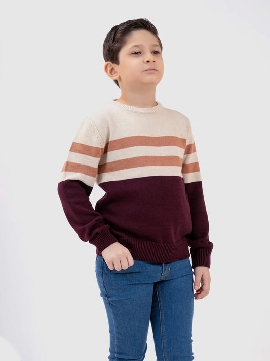 Maroon & Beige Striped Crew Neck Casual Jumper Brumano Pakistan