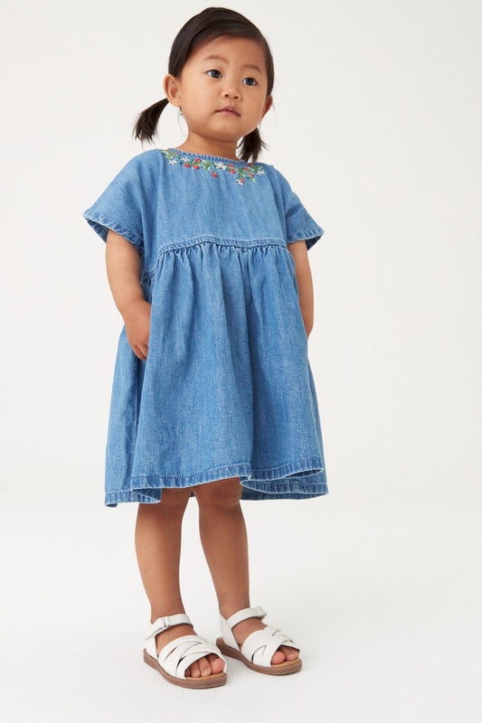 Blue Denim Strawberry Embroidered Dress