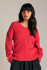 Red Relaxed Fit Ribbed V-Neck Knitted Jumper