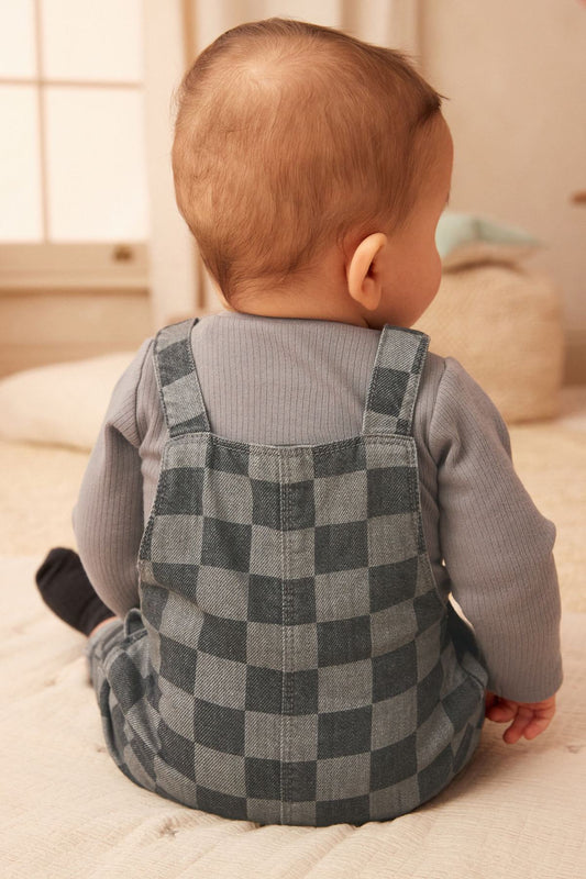 Monochrome Check Baby Denim Dungarees And Bodysuit Set