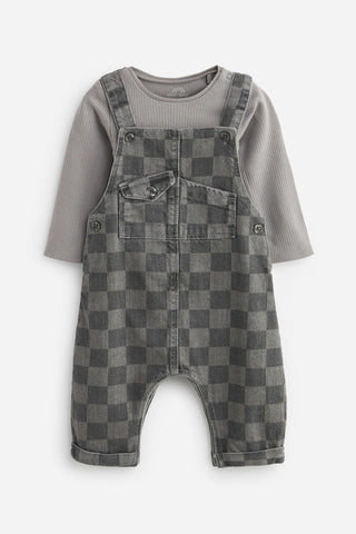 Monochrome Check Baby Denim Dungarees And Bodysuit Set