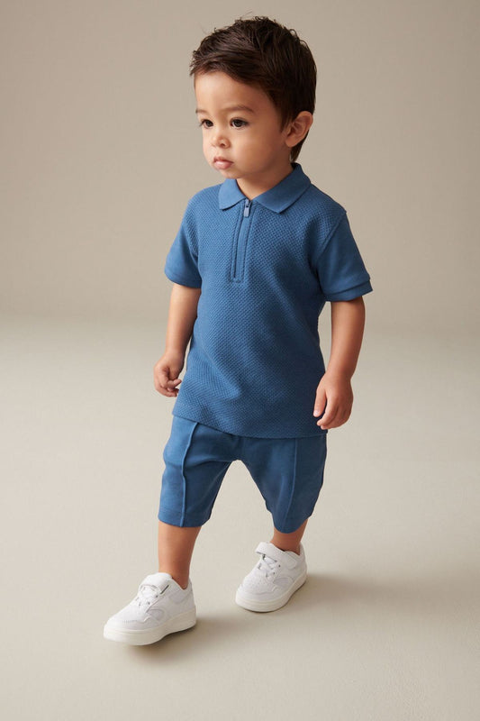 2Pc Zip Polo Shirt And Shorts Set