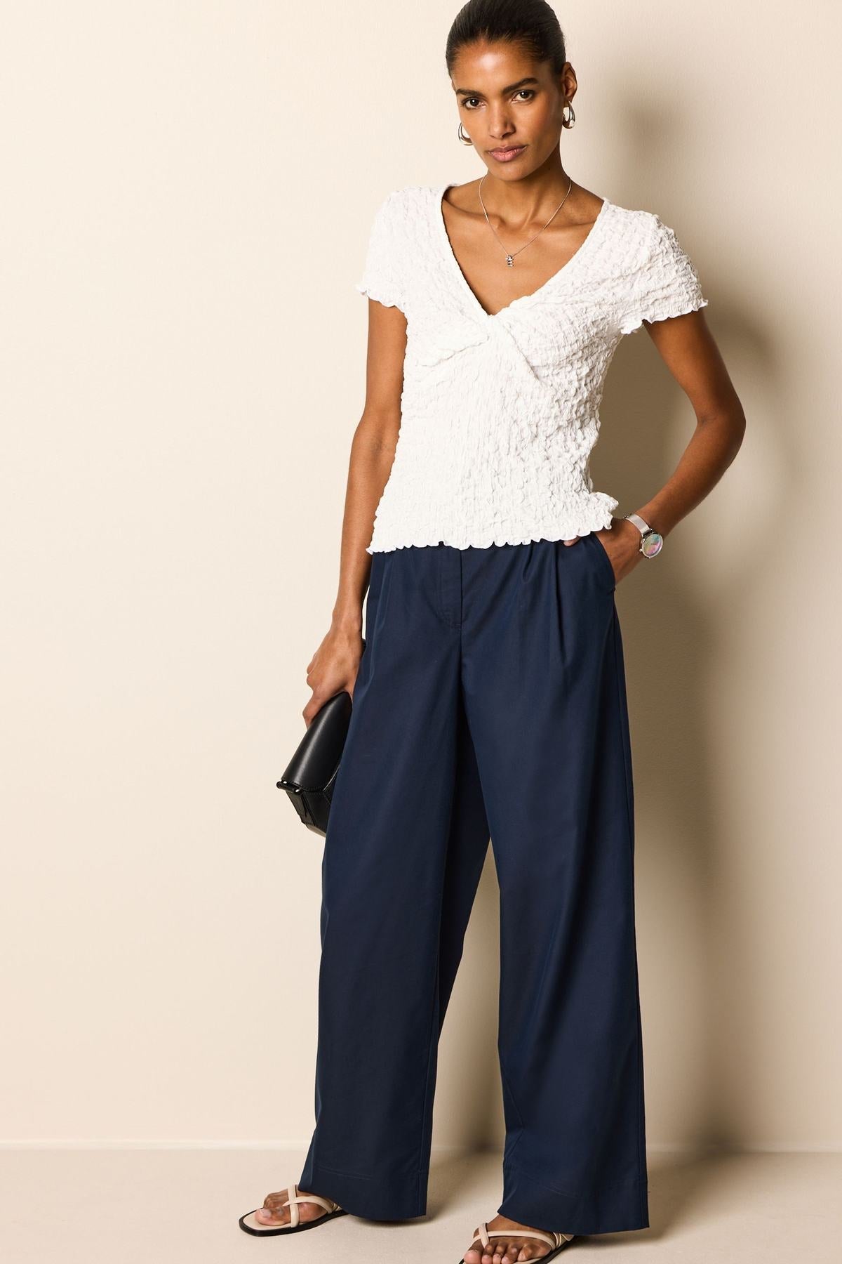 Navy Blue Cotton Mix Smart Wide Leg Trousers