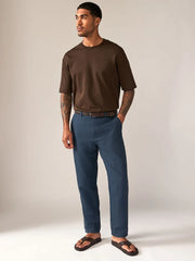 Navy Blue Regular Fit Smart Linen Cotton Blend Belted Trousers