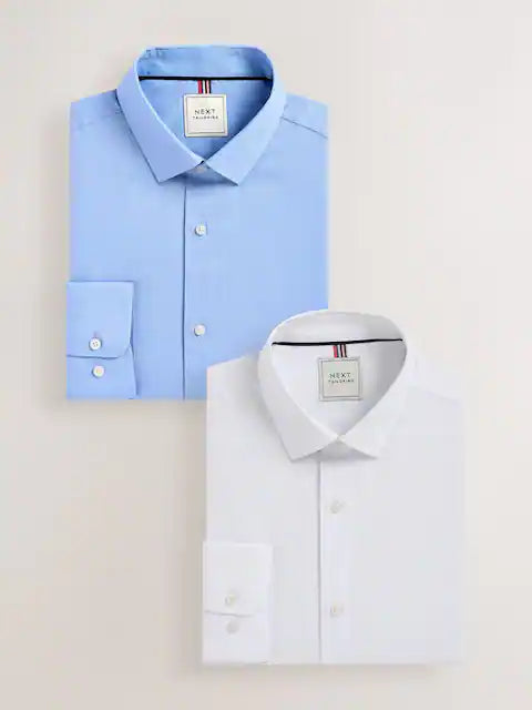 White/Blue Easy Care Textured Slim Fit Single Cuff Smart Shirts 2 Pack