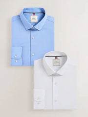 White/Blue Easy Care Textured Slim Fit Single Cuff Smart Shirts 2 Pack